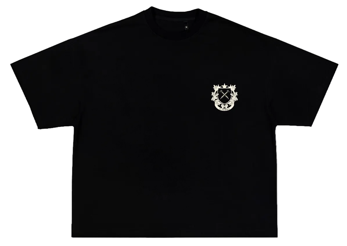 Black t-shirt with a white emblem on a white background