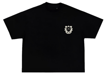 Black t-shirt with a white emblem on a white background