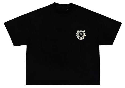 Black t-shirt with a white emblem on a white background